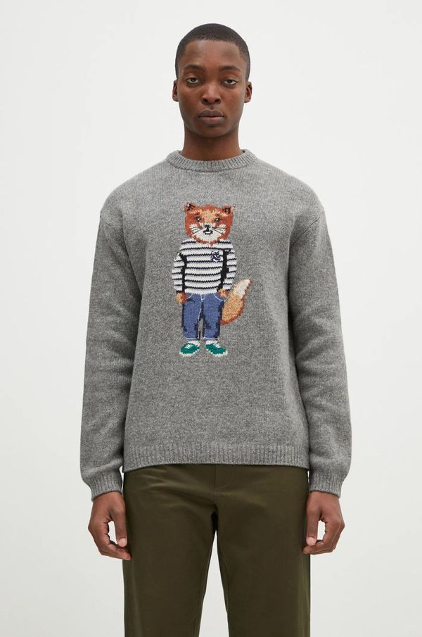 Maison Kitsuné Vuneni pulover Maison Kitsuné Dressed Fox Intarsia za muškarce, boja: siva, lagani, NM00809KH0002