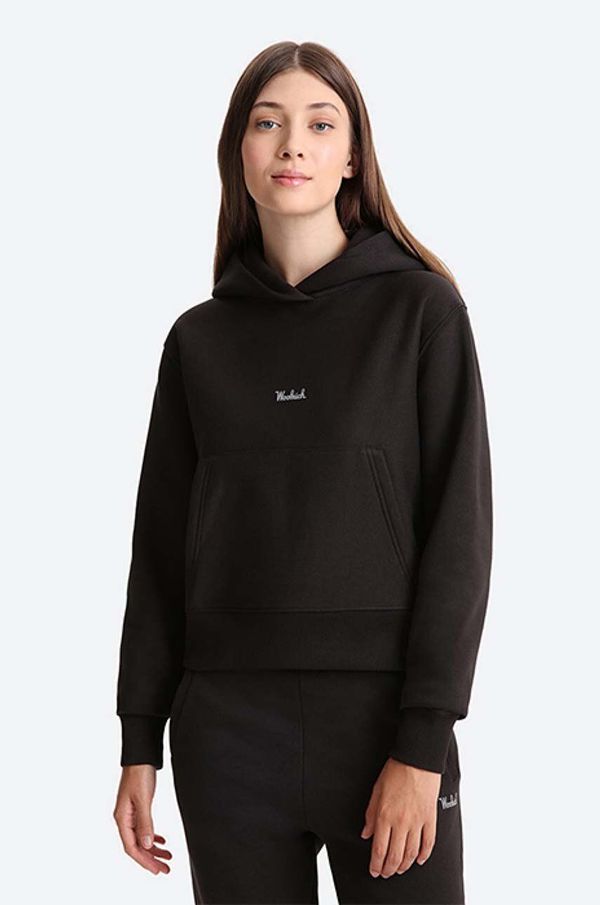 Woolrich Dukserica Woolrich Logo Fleece Hoodie za žene, boja: crna, s kapuljačom, glatka, CFWWSW0068FRUT2810-100
