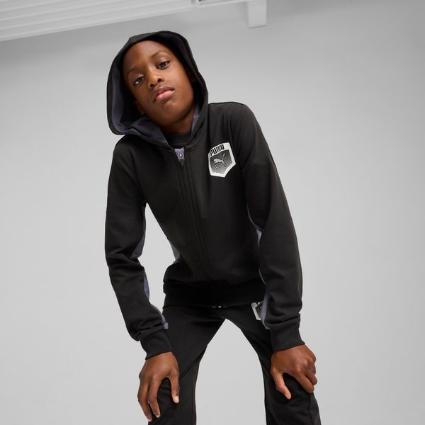 PUMA Men's Puma Active Sports Graphic Full-Zip Hoodie Youth, Black, Size 11-12Y, Clothing