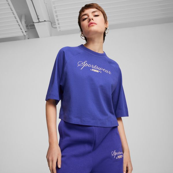 PUMA Women's Puma CLASSICS + Oversized T-Shirt, Blue, Size XL, Clothing
