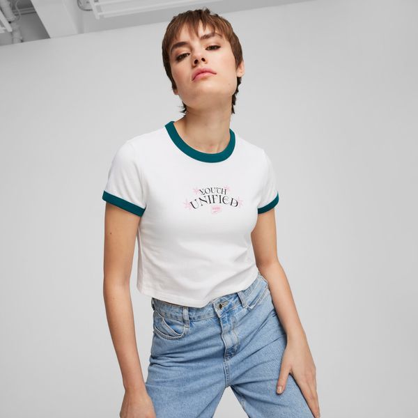 PUMA Women's Puma DOWNTOWN Graphic Baby T-Shirt, White, Size XL, Clothing