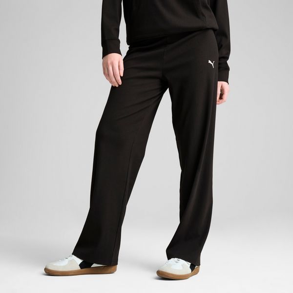 PUMA Women's Puma ESS ELEVATED High-Waist Straight Leg Rib Pants, Black, Size XS, Clothing