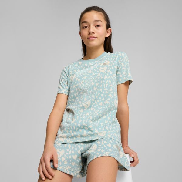 PUMA Women's Puma FLAMING LOVE All-Over Print Tee Youth, Green, Size 9-10Y, Clothing