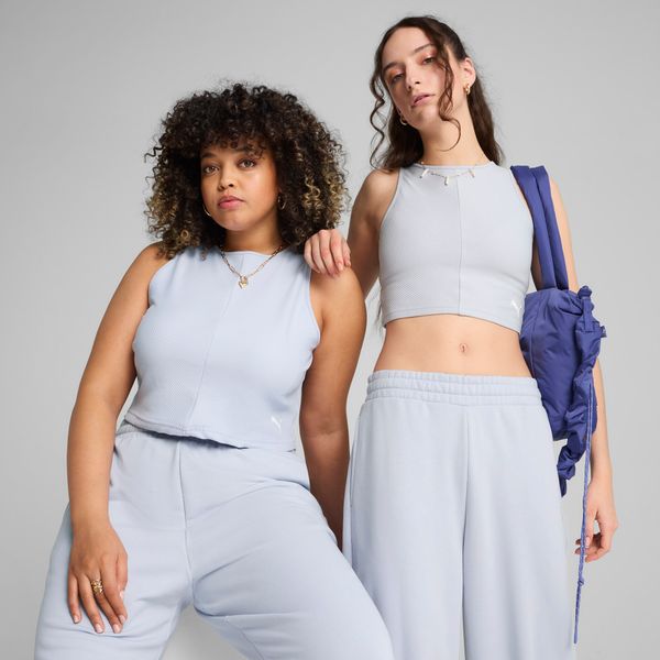 PUMA Women's Puma WARDROBE ESS Ribbed Crop Top, Blue, Size L, Clothing