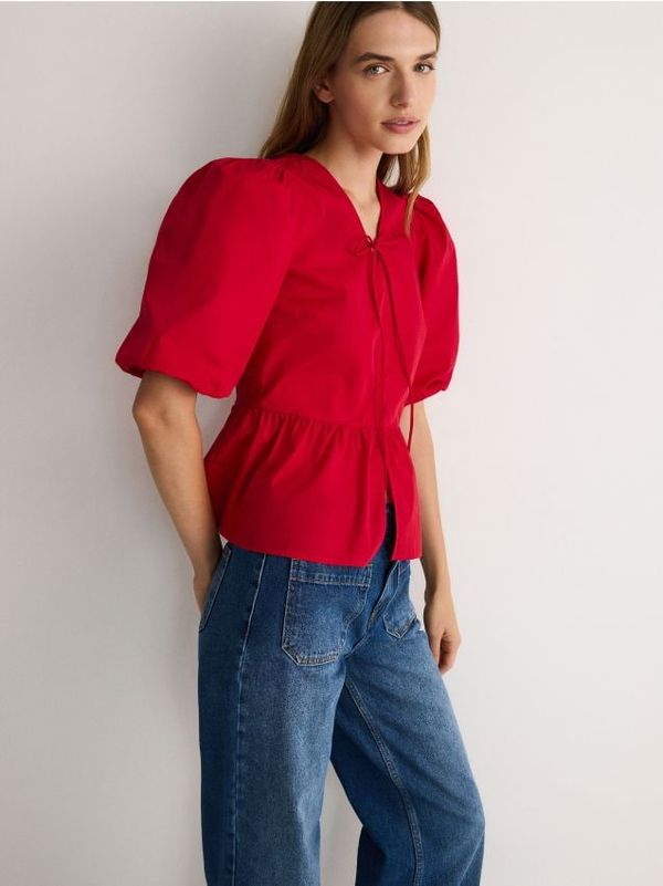 Reserved Reserved - Bluza s visokim udjelom pamuka s puf rukavima - crvena