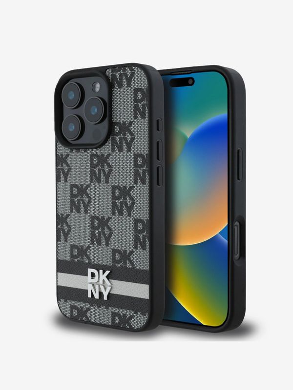 DKNY DKNY PU Leather Checkered Pattern and Stripe iPhone 16 Pro Black Etui za telefon ljubičasta