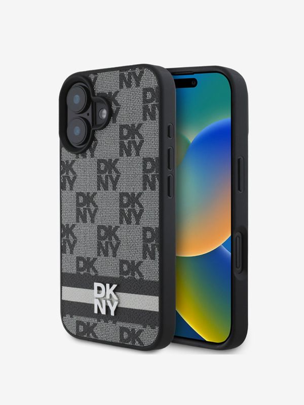 DKNY DKNY PU Leather Checkered Pattern and Stripe Zadní Kryt pro iPhone 16 Black Etui za telefon ljubičasta