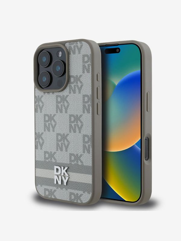 DKNY DKNY PU Leather Checkered Pattern and Stripe Zadní Kryt pro iPhone 16 Pro Max Beige Etui za telefon ljubičasta