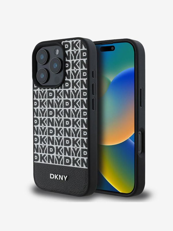 DKNY DKNY PU Leather Repeat Pattern Bottom Stripe MagSafe Zadní Kryt pro iPhone 16 Pro Max Black Etui za telefon ljubičasta