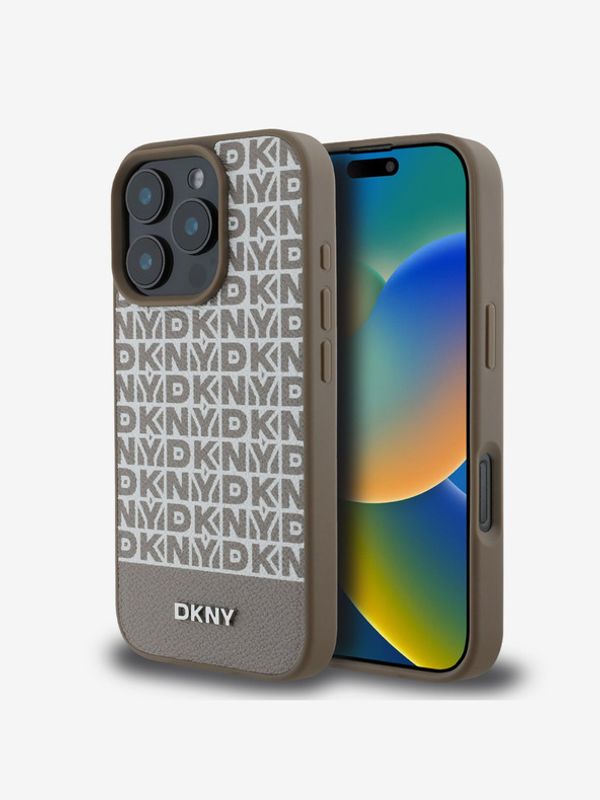 DKNY DKNY PU Leather Repeat Pattern Bottom Stripe MagSafe Zadní Kryt pro iPhone 16 Pro Max Brown Etui za telefon ljubičasta