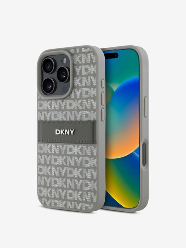 DKNY DKNY PU Leather Repeat Pattern Tonal Stripe iPhone 16 Pro Max Beige Etui za telefon ljubičasta