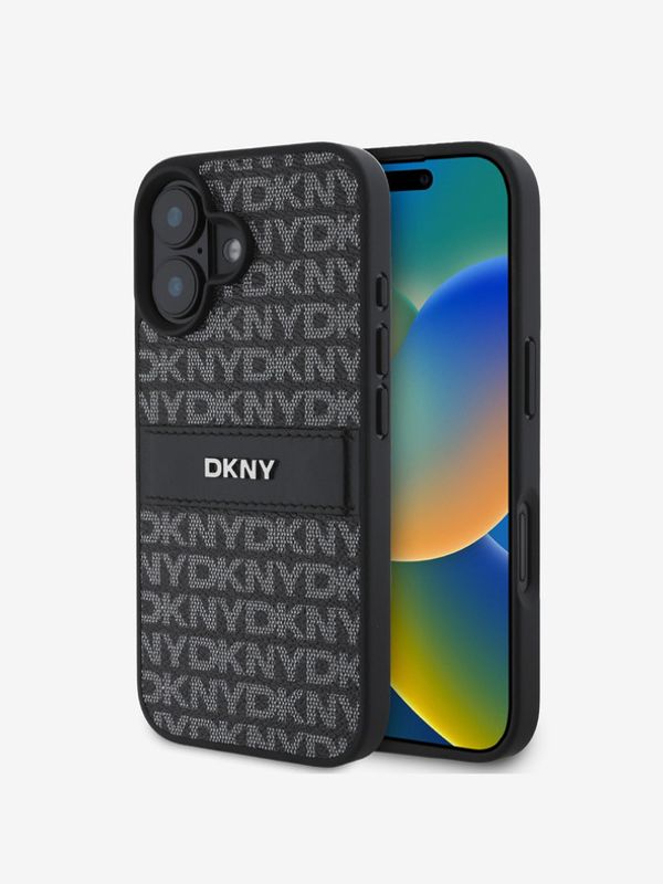 DKNY DKNY PU Leather Repeat Pattern Tonal Stripe Zadní Kryt pro iPhone 16 Black Etui za telefon ljubičasta