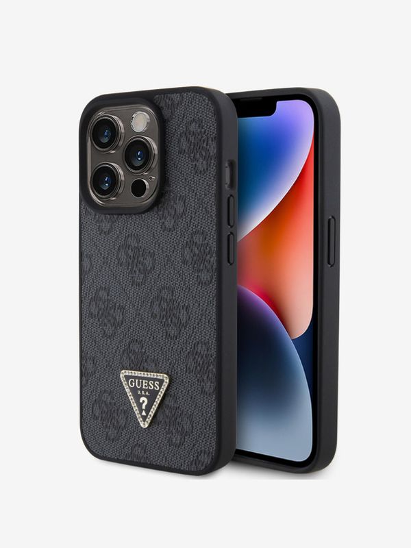 Guess Guess PU 4G Strass Triangle Metal Logo Zadní Kryt pro iPhone 15 Pro Black Etui za telefon ljubičasta