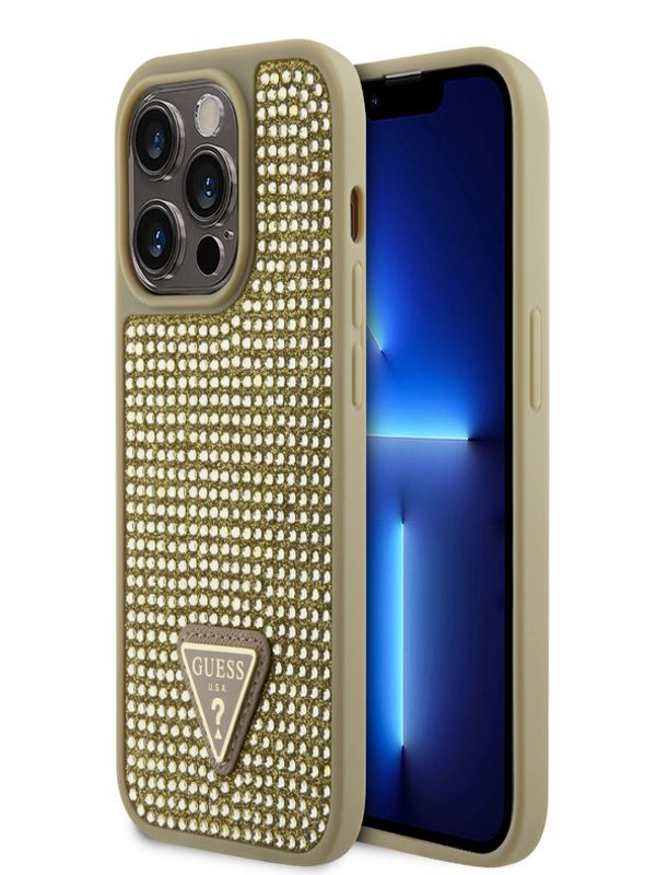 Guess Guess Rhinestones Triangle Metal Logo Kryt pro iPhone 15 Pro Gold Etui za telefon ljubičasta