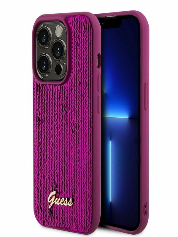 Guess Guess Sequin Script Logo Zadní Kryt pro iPhone 14 Pro Max Magenta Etui za telefon ljubičasta