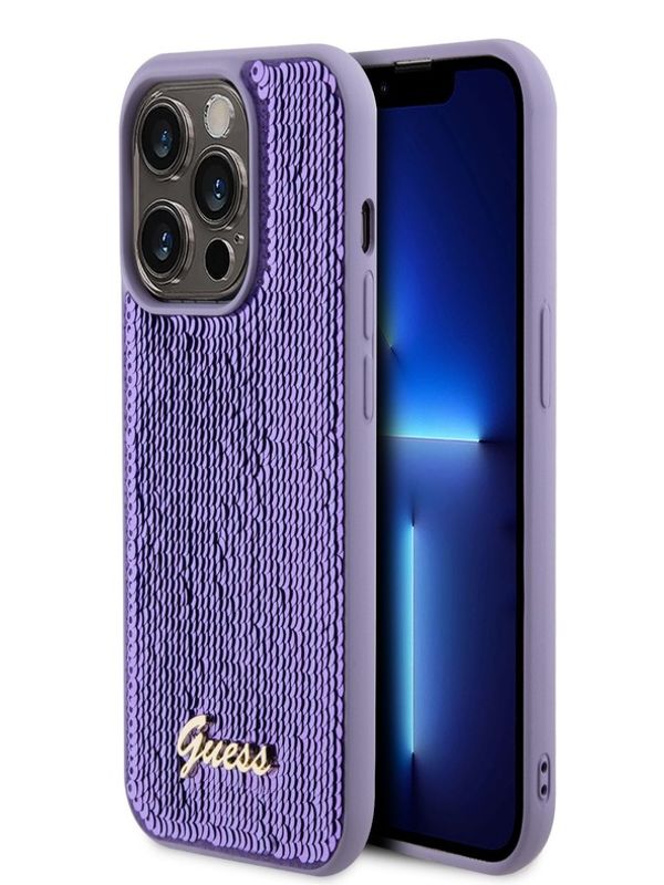 Guess Guess Sequin Script Logo Zadní Kryt pro iPhone 14 Pro Purple Etui za telefon ljubičasta