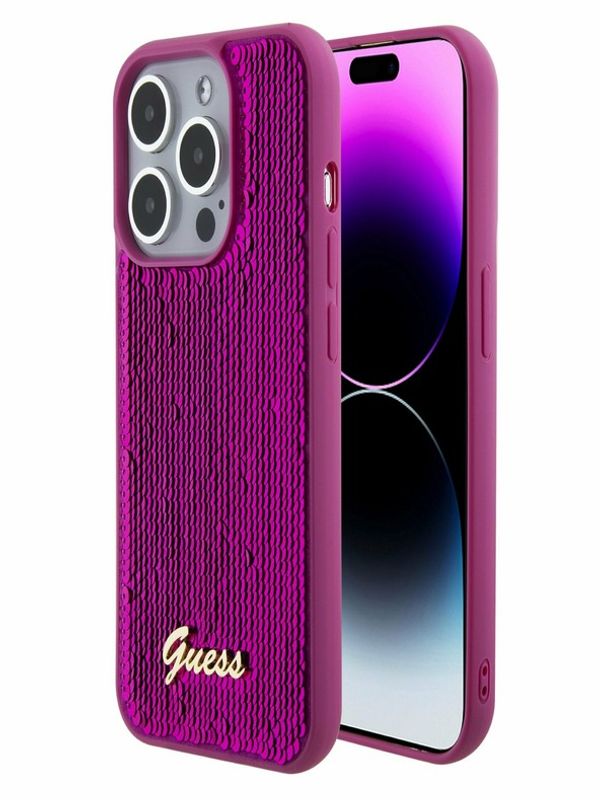 Guess Guess Sequin Script Logo Zadní Kryt pro iPhone 15 Pro Max Magenta Etui za telefon ljubičasta